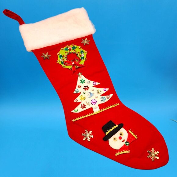 Vintage 1960s Felt Stockings Angel Snowman Wreath Faux Fur Sequins Beads Set - Picture 8 of 10